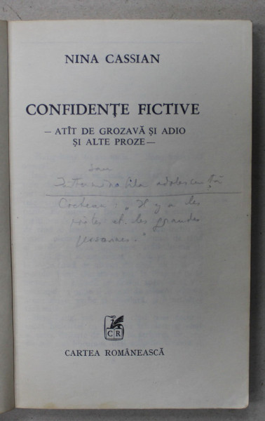INSEMNARILE SI CORECTURILE  OLOGRAFE ALE NINEI CASSIAN PE VOLUMUL ' CONFIDENTE FICTIVE ' , 1976