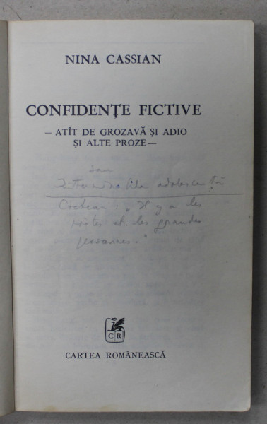 INSEMNARILE SI CORECTURILE  OLOGRAFE ALE NINEI CASSIAN PE VOLUMUL ' CONFIDENTE FICTIVE ' , 1976