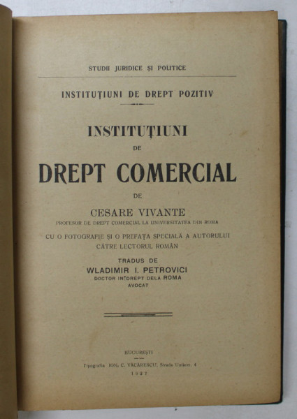 INSTITUTIUNI DE DREPT COMERCIAL de CESARE VIVANTI , 1927