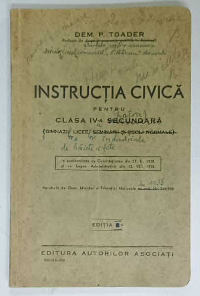 INSTRUCTIA CIVICA PENTRU CLASA IV -A SECUNDARA de DEM P. TOADER , 1938