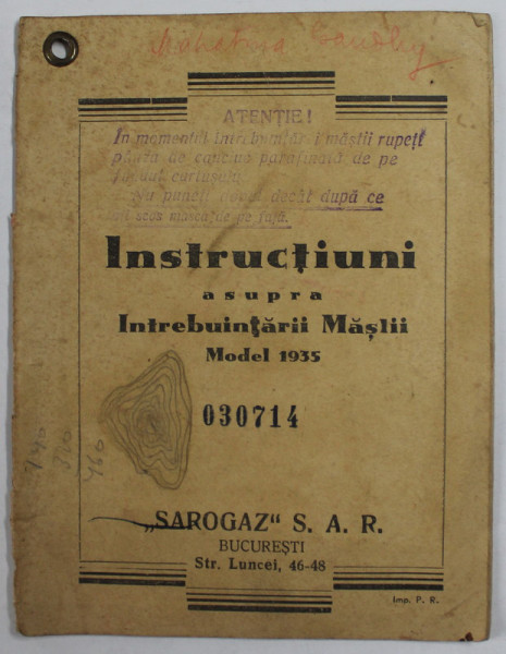 INSTRUCTIUNI ASUPRA INTREBUINTARII MASTII , MODEL 1935