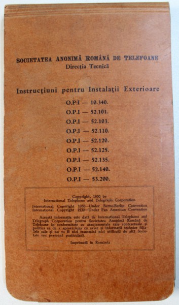 INSTRUCTIUNI PENTRU INSTALATII EXTERIOARE de I. CONSTANTINESCU ... I . W. CARROL , 1930