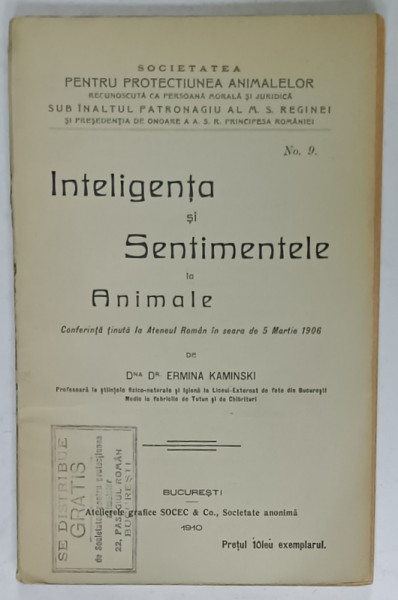 INTELIGENTA SI SENTIMENTE LA ANIMALE de ERMINA KAMINSKI , 1910