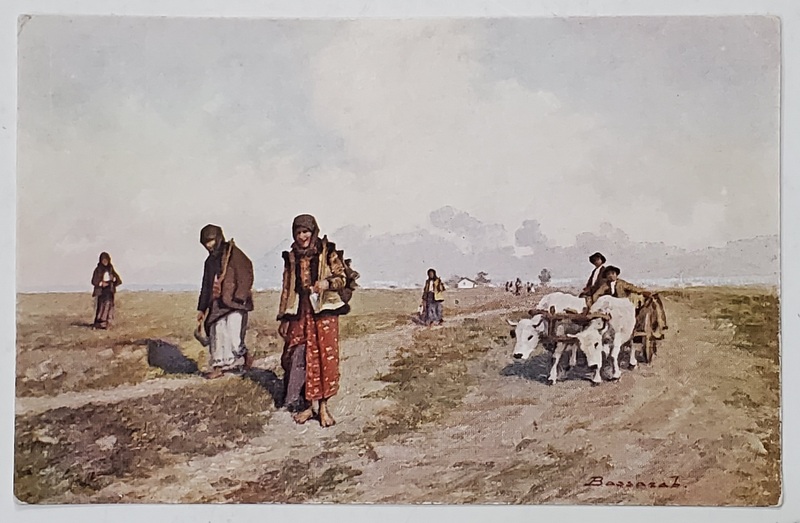 INTOARCEREA DE LA TARG de pictorul BASARAB , CARTE POSTALA ILUSTRATA , COLECTIA E. MARVAN , BUCURESTI , INTERBELICA