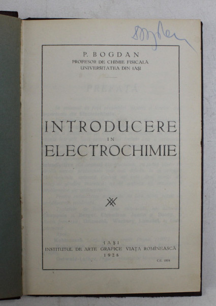INTRODUCERE IN ELECTROCHINIE de P. BOGDAN , 1928