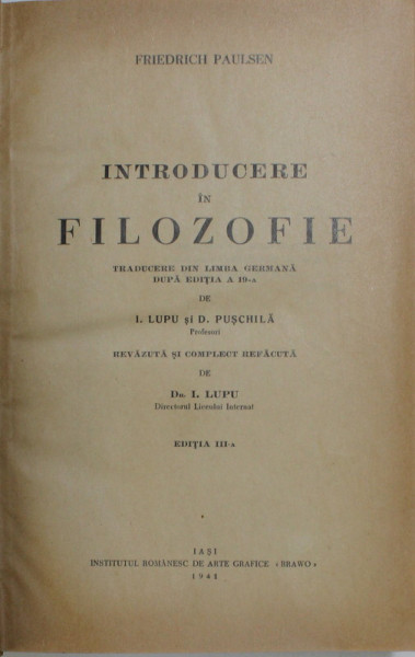INTRODUCERE IN FILOZOFIE de FRIEDERICH PAULSEN, 1941 *LEGATURA VECHE