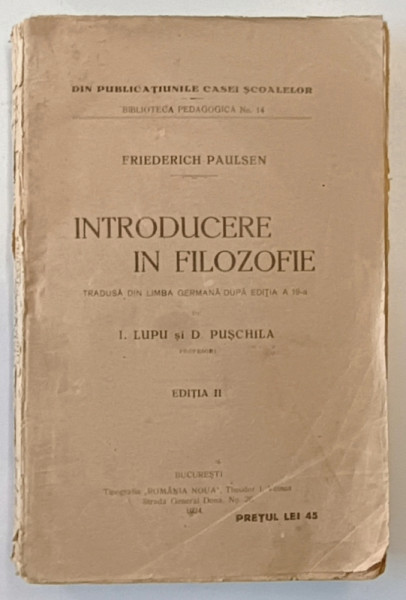 INTRODUCERE IN FILOZOFIE de FRIEDRICH PAULSEN , 1924