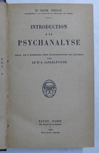 INTRODUCTION A LA PSYCHANALYSE par SIGM. FREUD , 1924
