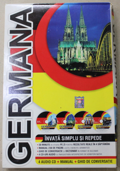 INVATA SIMPLU SI REPEDE GERMANA , SET CU 4 CD- URI , MANUAL , GHID DE CONVERSATIE SI DICTIONAR ROMAN - GERMAN /  GERMAN - ROMAN , 2007