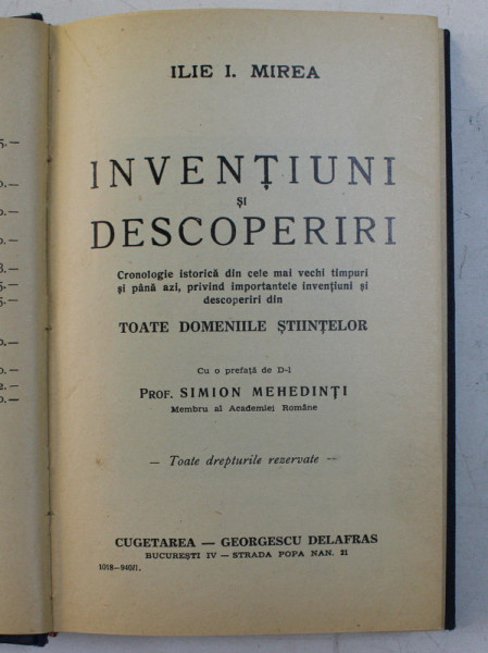 INVENTIUNI SI DESCOPERIRI de ILIE I. MIREA, CU O PREFATA DE S. MEHEDINTI 1940/1941