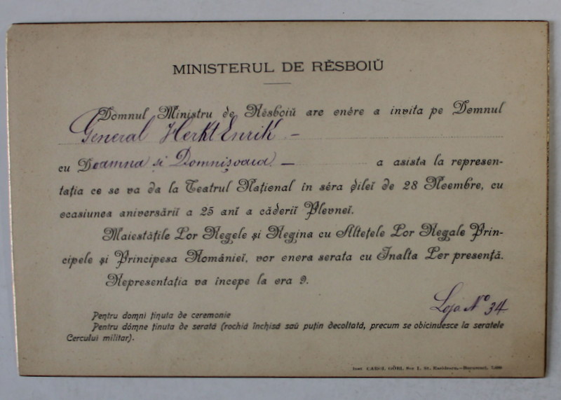 INVITATIE DIN PARTEA MINISTRULUI DE RAZBOIU PENTRU DL. GENERAL ENRIC HERKT SI FAMILIA LA REPREZENTATIA DE LA TEATRUL NATIONAL , 28 NOIEMBRIE , 1902 , VEZI DESCRIEREA