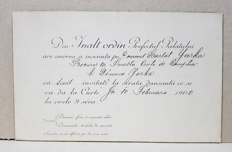 INVITATIE LA BALUL DE LA PALAT, TRIMISA DE PREFECTUL PALATULUI, JOI 10 FEBRUARIE, 1900