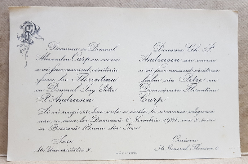 INVITATIE LA CASATORIE RELIGIOASA , GRAVATA DE  MUTZNER , TIP CARTE POSTALA , MONOCROMA, DATATA 1921