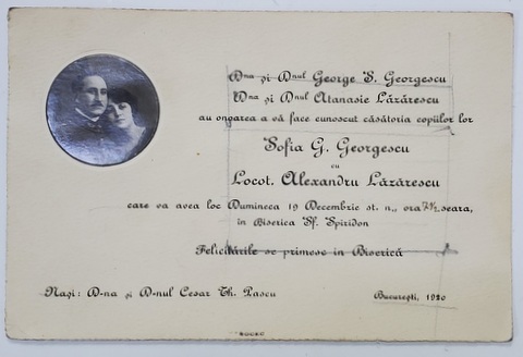 INVITATIE LA CUNUNIA RELIGIOASA , CU FOTOGRAFIA MIRILOR IN MEDALION , 19 DECEMBRIE , 1920