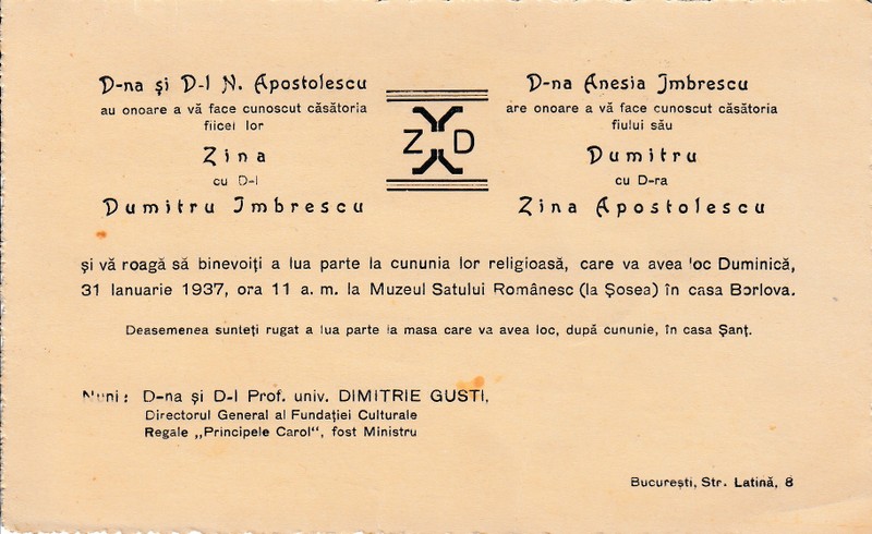 INVITATIE LA CUNUNIE RELIGIOASA , NASI - D-NA SI DL. DIMITRIE GUSTI , 1937