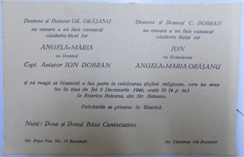INVITATIE LA NUNTA  Cpt AVIATOR ION DOBRAN , 1946