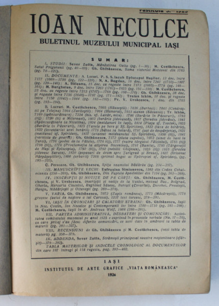 ' IOAN NECULCE '  - BULETINUL MUZEULUI MUNICIPAL IASI , COLEGAT DE TREI NUMERE , FASCICULELE 5 , 6 , 7 , 1925 - 1928