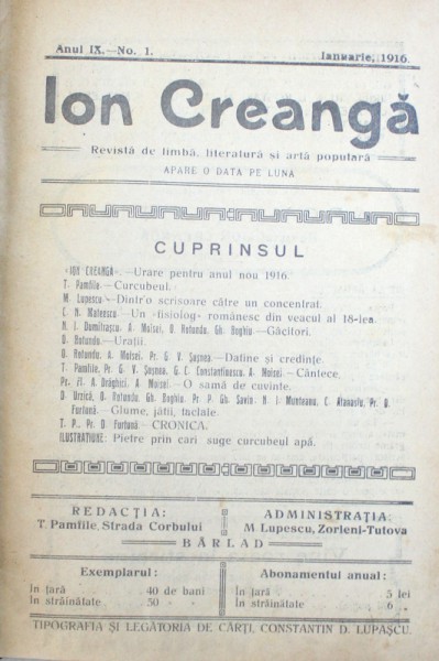 ION CREANGA  - REVISTA DE LIMBA , LITERATURA SI ARTA POPULARA , ANUL IX , No. 1 -  8  , IANUARIE  -  AUGUST , LEGATE IMPREUNA , 1916