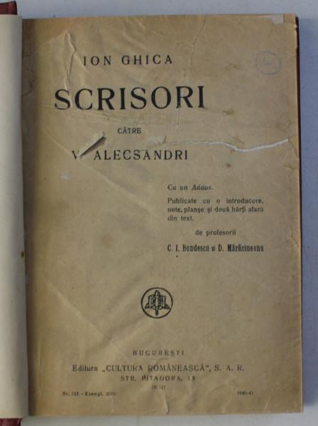 ION GHICA - SCRISORI CATRE V. ALECSANDRI , 1940