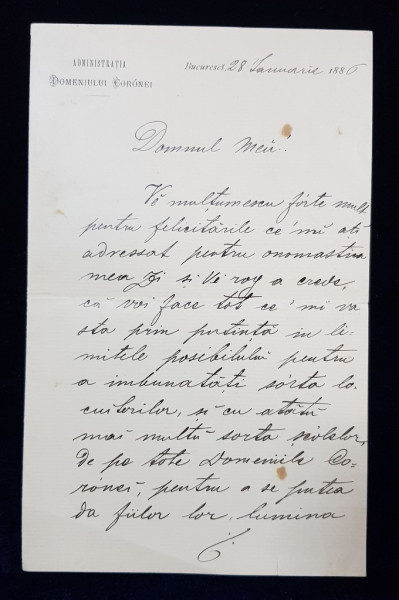 Ion Kalinderu, Scrisoare datata 28 Ianuarie 1886
