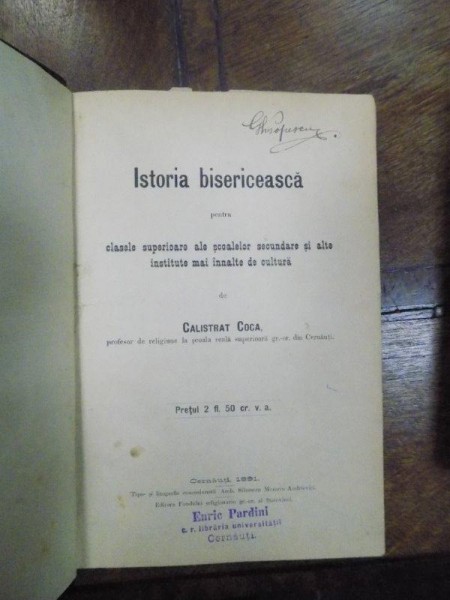 ISTORIA BISERICEASCA de CALISTRAT COCA , 1891