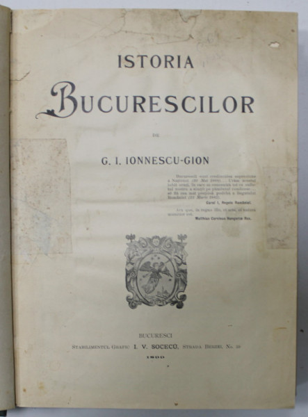 ISTORIA BUCURESCILOR de G.I. IONNESCU-GION (EDITIA I, 1899)