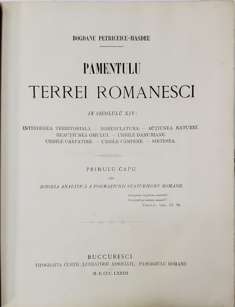 ISTORIA CRITICA a ROMANILOR de B. P. HASDEU - 1873