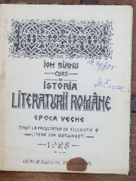 Istoria Literaturii Romane, epoca veche, Bucuresti 1925