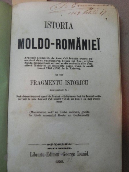 ISTORIA MOLDO ROMANIEI  FRAGMENT ISTORIC, GEORGE IOANID   - 1858