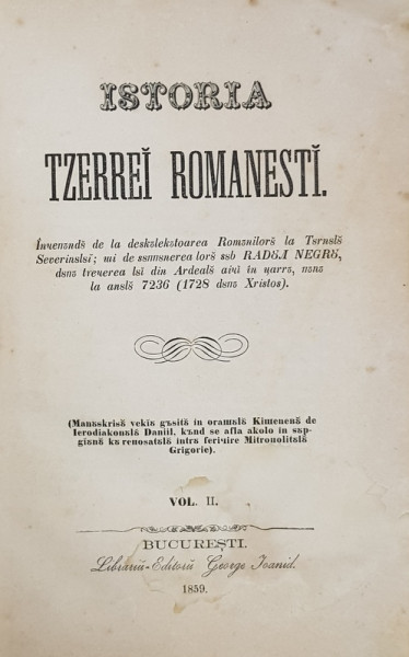 Istoria Tarii Romanesti, Vol. II - Bucuresti, 1859