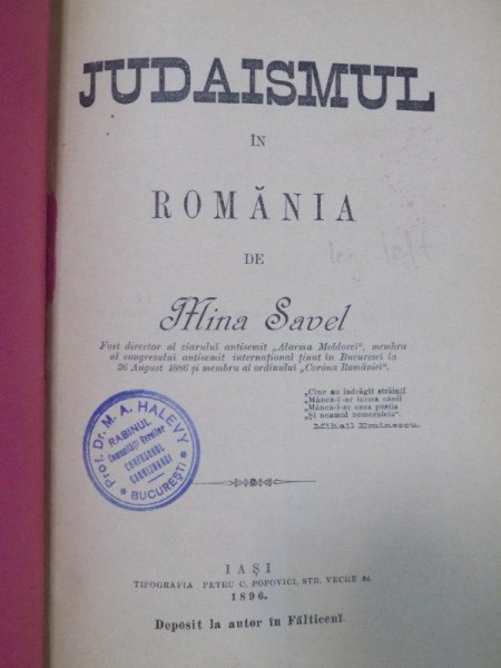 IUDAISMUL IN ROMANIA  , MINA SAVEL, IASI 1896