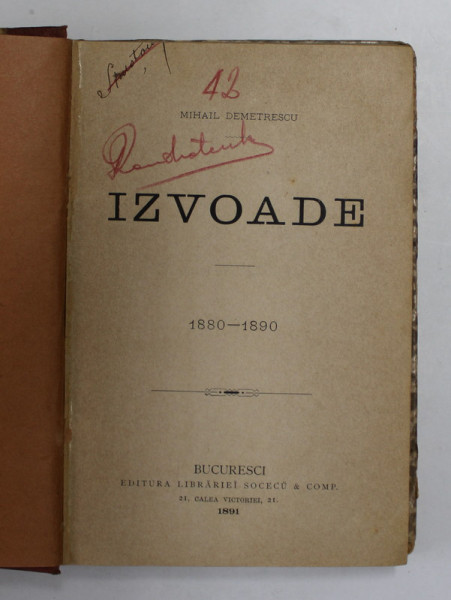 IZVOADE 1880 - 1890 de MIHAIL DEMETRESCU , POVESTIRI , 1891