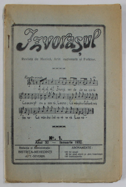 IZVORASUL, REVISTA DE MUZICA , ARTA NATIONALA SI FOLKLOR , NR. 1, 1932