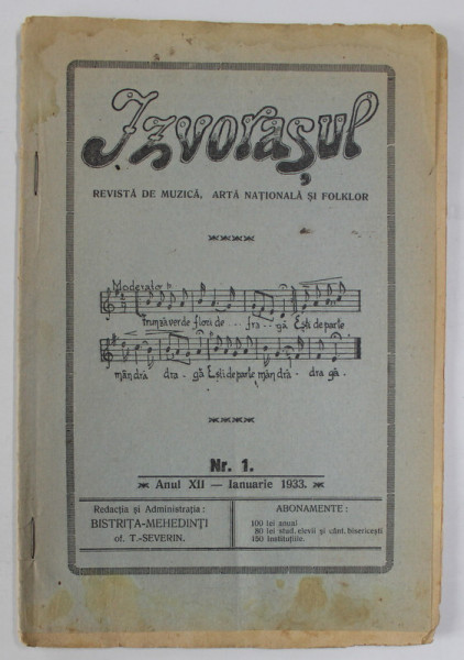 IZVORASUL, REVISTA DE MUZICA , ARTA NATIONALA SI FOLKLOR , NR. 1, 1933