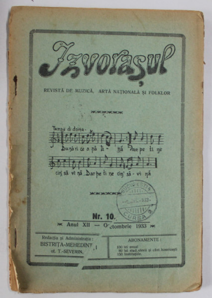 IZVORASUL, REVISTA DE MUZICA , ARTA NATIONALA SI FOLKLOR , NR. 10, 1933