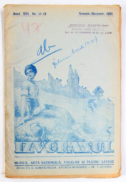 IZVORASUL, REVISTA DE MUZICA , ARTA NATIONALA SI FOLKLOR , NR. 11-12, APARUTA 1937