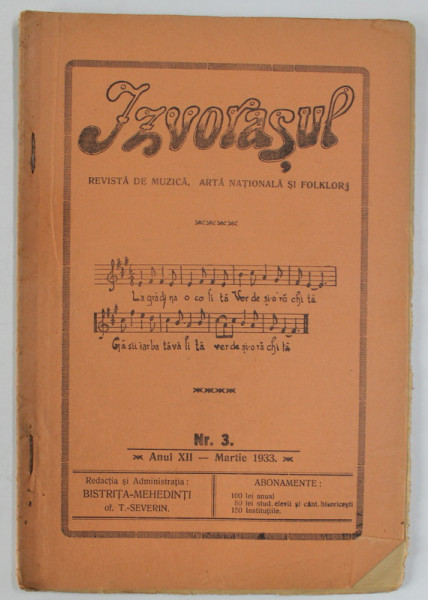 IZVORASUL, REVISTA DE MUZICA , ARTA NATIONALA SI FOLKLOR , NR. 3, 1933