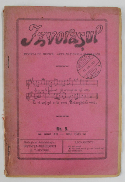 IZVORASUL, REVISTA DE MUZICA , ARTA NATIONALA SI FOLKLOR , NR. 5 , 1933