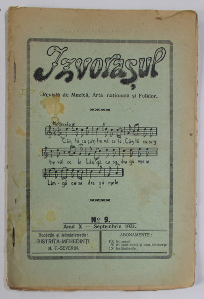 IZVORASUL, REVISTA DE MUZICA , ARTA NATIONALA SI FOLKLOR , NR. 9 , 1931