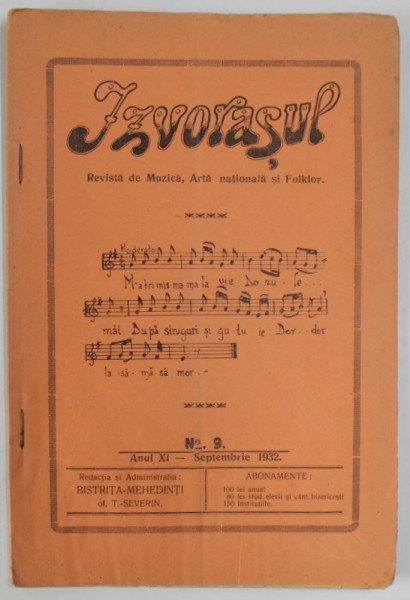IZVORASUL, REVISTA DE MUZICA , ARTA NATIONALA SI FOLKLOR , NR. 9, 1932