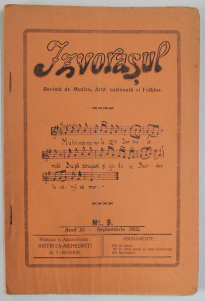 IZVORASUL, REVISTA DE MUZICA , ARTA NATIONALA SI FOLKLOR , NR. 9, 1932