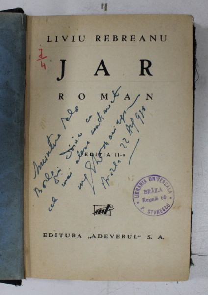 JAR - roman de LIVIU REBREANU , 1934 , EDITIA I *