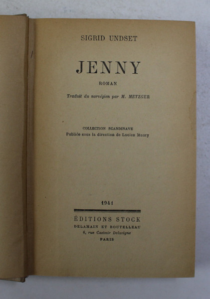 JENNY - roman par SIGRID UNDSET , 1941