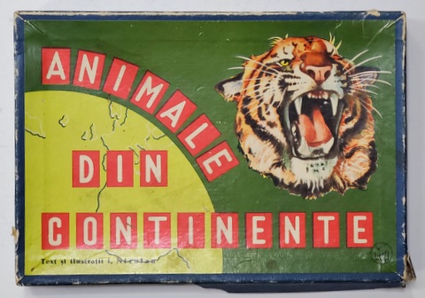 JOCUL '' ANIMALE DIN CONTINENTE '' , text si ilustratii de I. NICOLAU , CUTIA CONTINE 60 DE CARTOLINE SI O HARTA , 1968