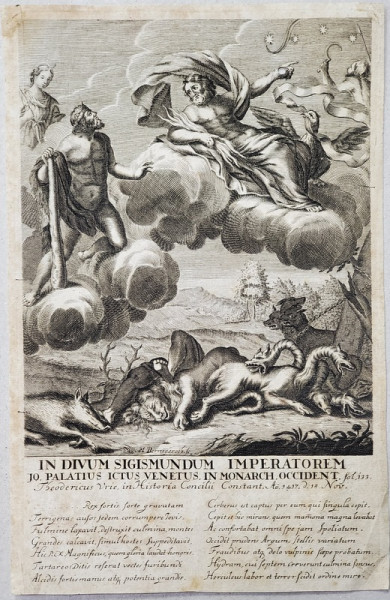 JOHAN MARTIN BERNIGEROTH 1713 - 1767 , '' IN DIVINUM SIGISMUNDUM IMPERATORIEM '' , GRAVURA , SEC. XVIII