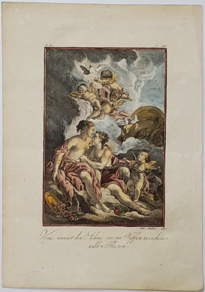 JOSEPH STOBER 1768- 1852 ,  '' VENUS IL AVERTIZEAZA PE ADONIS ''  , GRAVURA , INCEPUTUL SEC. XIX