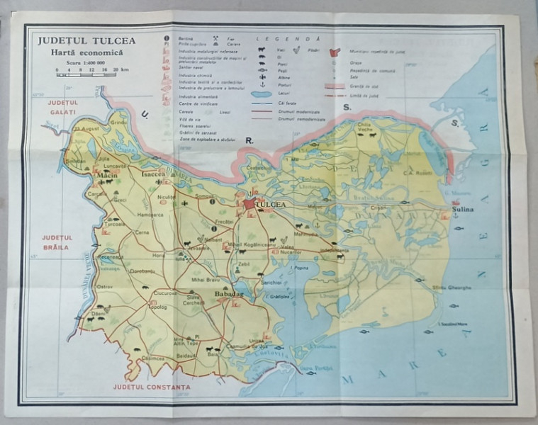 JUDETUL TULCEA , HARTA FIZICA / HARTA ECONOMICA PE VERSO  , SCARA 1 : 400.000 , 1986