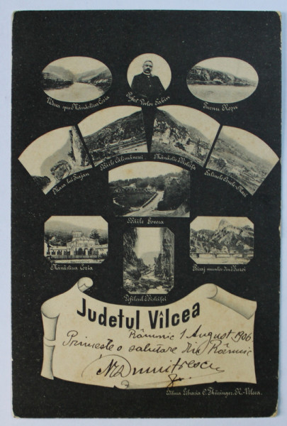 JUDETUL VALCEA , CARTE POSTALA ILUSTRATA , COLAJ FOTOGRAFIC CU DIVERSE OBIECTIVE DIN JUDET , MONOCROMA , CIRCULATA , CLASICA , DATATA 1906