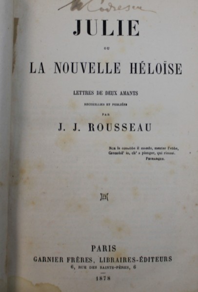 JULIE OU LA NOUVELLE HELOISE - LETTRES DE DEUX AMANTS par J.J. ROUSSEAU , 1878