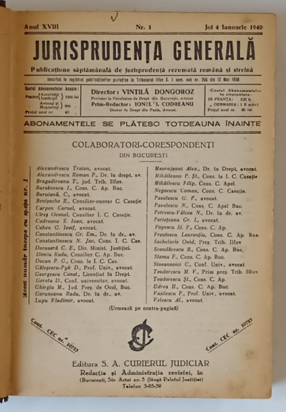 JURISPRUDENTA GENERALA , ANUL XVIII , NUMERELE I - XL , 1940
